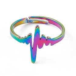 Ion Plating(IP) 201 Stainless Steel Heart Beat Adjustable Ring for Women, Rainbow Color, US Size 6 1/4(16.7mm)