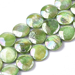 Chapelets de perles en coquille d'eau douce , de couleur plaquée ab , teinte, plat rond, lime green, 10~11.5x3~4mm, Trou: 1mm, 34 pcs / chapelet, 15.15 pouce