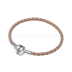 TINYSAND Rhodium Plated 925 Sterling Silver Braided Leather Bracelet Making, with Platinum Plated European Clasp, Light Khaki, 180mm