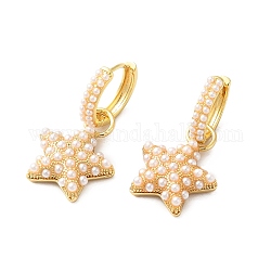 Aretes colgantes de aro con estrella y perlas de plástico, joyas de latón para mujer, dorado, 34.5mm, pin: 0.8 mm