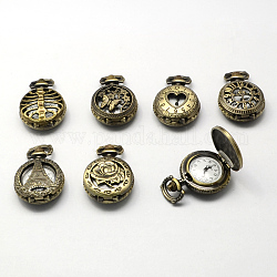 Vintage hohle Zink-Legierung Quarzuhr Köpfe, für Taschenuhr Halskette Herstellung, Flachrund, gemischten Stil, Antik Bronze, 36x27x12 mm, Bohrung: 10x1 mm