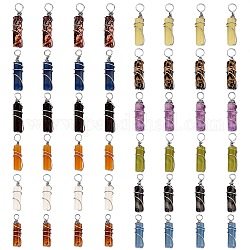 48 Stück 12 Stile Naturstein-Anhänger, mit platiniertem, umweltfreundlichem Messingdraht umwickelt, Kolumne, gemischt gefärbt und ungefärbt, 19.5~20x5~5.5 mm, Bohrung: 2.4~2.7 mm, 4pcs / style