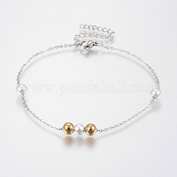 Bracelets de chaîne de câble en acier inoxydable 304 tendance, avec de l'acrylique perle des perles d'imitation, fermoirs pince de homard, ronde, or et acier inoxydable Couleur, 8-5/8 pouce (220 mm), 1.5mm