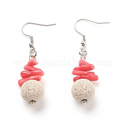 Natural Lava Rock Dangle Earrings, with Synthetic Gemstones, Alloy Spacer Beads and Stainless Steel Earring Hooks, Round, White, 55~56mm, Pin: 0.7mm