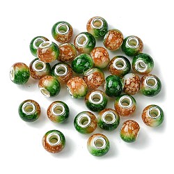 Ton zwei Glasperlen europäischen, Großloch perlen, mit silberfarbenen Messingdoppeladern, Rondell, grün, 15x11 mm, Bohrung: 5 mm