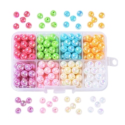 8 couleur de placage de perles acryliques écologiques en poly styrène, plaqué de couleur ab, ronde, avec 8 compartiment à billes en plastique, couleur mixte, 8mm, Trou: 1mm, environ 240 pcs / boîte