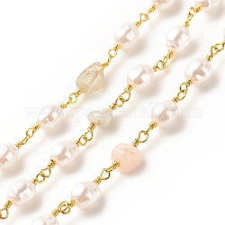 Puces de morganite naturelle et chaînes de perles de perles abs, avec les accessoires en laiton plaqué or, Plaqué longue durée, soudé, avec bobine, 15~16x6.5x5mm, 15x4.5~5.5x3.5~4mm