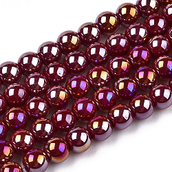 Electrochapa hilos de abalorios de vidrio opacas, color de ab chapado, redondo, de color rojo oscuro, 4~4.5mm, agujero: 0.8 mm, aproximamente 97~99 pcs / cadena, 14.76 pulgada ~ 14.96 pulgadas (37.5~38 cm)