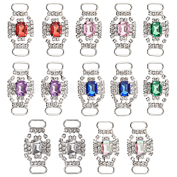 CHGCRAFT 14Pcs 7 Colors Silver Plated Brass Rhinestone Connector Charms, Flower/Rectangle Links Ornament for Bikini Decoration, Mixed Color, 18.5x35x5mm, Hole: 9.5x4mm, 2pcs/color