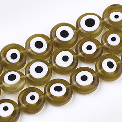 Hechos a mano de mal de ojo lampwork perlas hebras, plano y redondo, caqui claro, 11~13x4~5mm, agujero: 1.2 mm, aproximamente 31~33 pcs / cadena, 14.1 pulgada ~ 15.3 pulgadas