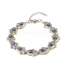 Hamsa Hand Tibetan Style Alloy Bracelets for Women, Evil Eye Resin Beaded Bracelets, with 304 Stainless Steel Lobster Claw Clasps, Antique Silver & Stainless Steel Color, 7-3/4 inch(19.7cm)