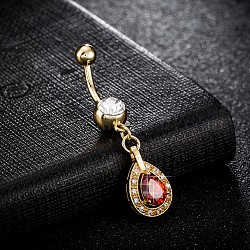 Piercing Jewelry, Brass Cubic Zirconia Navel Ring, Belly Rings, with 304 Stainless Steel Bar, Cadmium Free & Lead Free, teardrop, Real 18K Gold Plated, Red, 47x10mm, Bar: 15 Gauge(1.5mm), Bar Length: 3/8