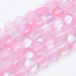 Chapelets de perles en pierre de lune synthétique, perles holographiques, mat, ronde, rose, 8mm, Trou: 0.8mm, Environ 47~48 pcs/chapelet, 15.1 pouce