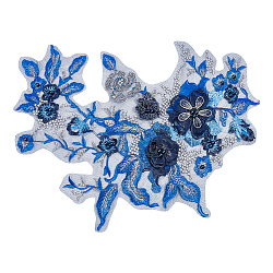 Accesorios de adorno de bordado de poliéster de organza de flor 3d, parche de apliques, decoración artesanal de costura, de abalorios de abalorios de imitación, azul, 350x290x1.5~6mm