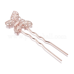 Accessoires de la fourche de cheveux en fer, avec des accessoires en filigrane de papillon en laiton, or rose, 85.5x22x3mm, papillon: 30x20 mm