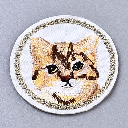 Round with Cat Appliques, Computerized Embroidery Cloth Iron on/Sew on Patches, Costume Accessories, White, 42x2mm