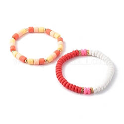 Handmade Polymer Clay Beads Stretch Bracelets Sets, with Brass Rhinestone & Brass Beads, Light Salmon, Inner Diameter: 2~2-1/8 inch(5.05~5.35cm), 2pcs/set
