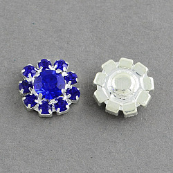 Shining Garment Accessories Flower Brass Grade A Rhinestone Findings Cabochons, Silver Color Plated Metal Color, Sapphire, 12x4.5mm