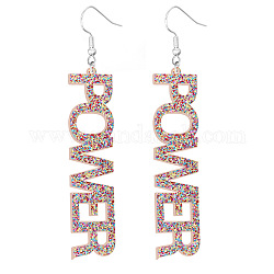 Boucles d'oreilles pendantes de puissance de mot acrylique bling, bijoux de féminisme en fer plaqué platine pour femmes, colorées, 90x17x2.5mm