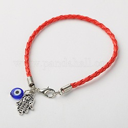 PU Leather Cord Braided Bracelet Making, with Handmade Lampwork Eye Beads, Tibetan Style Hamsa Hand/Hand of Fatima/Hand of Miriam Pendants and Alloy Lobster Clasps, Red, 185x3mm
