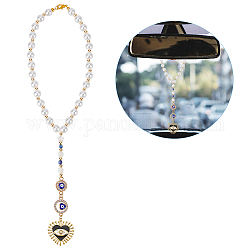 Émail coeur mauvais œil pendentif décorations, avec perle imitée acrylique, pour ornement suspendu de voiture, or, 280mm