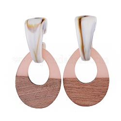Resin & Wood Stud Earrings, with Acrylic, 304 Stainless Steel Stud Earring Findings and Plastic Ear Nuts, Teardrop, Pink, 56mm, Pin: 0.7mm