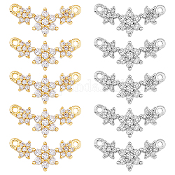 DICOSMETIC 10Pcs 2 Colors Eco-friendly Rack Plating Brass Micro Pave Cubic Zirconia 2-Loop Charms, Cadmium Free & Lead Free, Long-Lasting Plated, 3-Flower Charm, Platinum & Golden, 7.5x15x3mm, Hole: 0.9mm, 5pcs/color