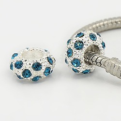Aleación Diamante de imitación abalorios europeas, Abalorios de grande agujero, rerondana plana, color plateado, circón azul, 11x6mm, agujero: 5 mm