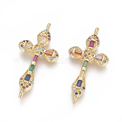 Brass Micro Pave Cubic Zirconia Links, Cross, Colorful, Golden, 32.5x15.5x3.5mm, Hole: 1.2mm