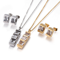 Kits de bijoux en 304 acier inoxydable, pendentifs et boucles d'oreille, avec la glace, rectangle, clair, 17.5~17.9 pouce (44.5~45.5 cm), 1.5mm, 12x7x7mm, pin: 0.6 mm