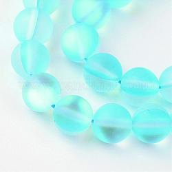 Chapelets de perles en pierre de lune synthétique, perles holographiques, teinte, mat, ronde, bleu profond du ciel, 10mm, Trou: 1mm, Environ 36~39 pcs/chapelet, 14~15 pouce
