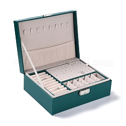 PU-Kunstleder-Schmuck-Organizer-Box mit Schloss, Doppelt stapelbares Schmuckkästchen für Ohrringe, Ring, und Halskette, Rechteck, blaugrün, 23x17.5x8.9 cm