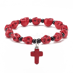 Эластичный браслет из натурального нефрита машан с черепом и бисером с подвеской в виде креста из синтетической бирюзы (окрашенной), украшения из драгоценных камней для женщин, красные, внутренний диаметр: 2-1/8 дюйм (5.5 см)