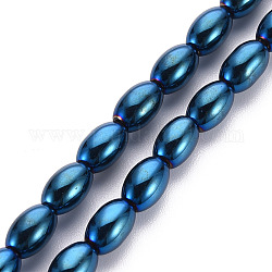 Electrochapa hilos de abalorios de vidrio opacas, oval, azul chapado, 6.5x4.5mm, agujero: 1 mm, aproximamente 60~65 pcs / cadena, 15.16~15.94 pulgada (38.5 cm ~ 40.5 cm)