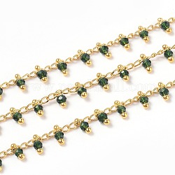 3.28 Feet Handmade Glass Beaded Chains, with Brass Eye Pins, Golden, Soldered, Round, Faceted, Dark Green, 2.5x2x0.4mm, Beads: 3x2mm