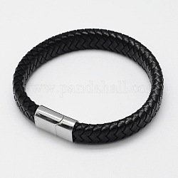 Bracelets en cuir tressé, avec fermoirs magnétiques en 304 acier inoxydable, noir, 206x12x6mm
