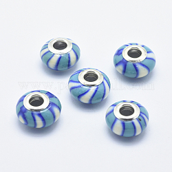 Handgemachte  europäischen Fimo-Perlen, mit versilberten Messingkernen, Großloch perlen, Rondelle mit Streifenmuster, Deep-Sky-blau, 13~16x8~11 mm, Bohrung: 4.5~5 mm