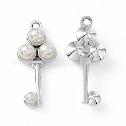 Pendentifs en alliage, avec des perles abs d'imitation de perles, porte-clés, platine, 28x12x6.5mm, Trou: 1.8mm