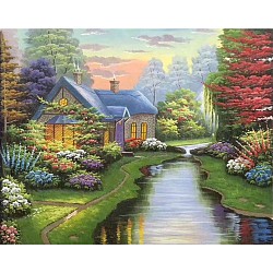 DIY Diamond Painting Kits For Kids, with Diamond Painting Cloth, Resin Rhinestones, Diamond Sticky Pen, Tray Plate and Glue Clay, Forest Cabin, Mixed Color, 30x25cm