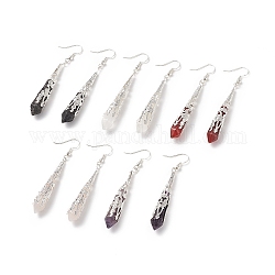 5 Paar 5 Stil-Ohrringe aus natürlichen gemischten Edelsteinen, versilberte lange Ohrhänger aus Messing für Damen, Silber, 70 mm, Stift: 0.6 mm, 1 Paar/Stil