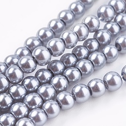 Glass Pearl Beads Strands, Round, Pearlized, Silver Gray, Size: 4mm in diameter, hole: 1mm, about 216pcs/strand, 32 inch