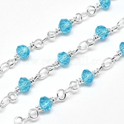 Electroplate Brass Glass Beads Handmade Chains, Unwelded, with Spool, Lead Free & Nickel Free, Light Sky Blue, 11x4mm