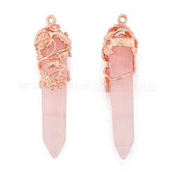 Naturelle quartz rose a pendentifs, avec les accessoires en laiton, balle, or rose, 57~60x16mm, Trou: 8x5mm