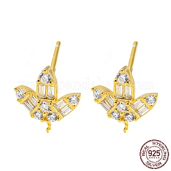 925 Sterling Silver Micro Pave Clear Cubic Zirconia Stud Earring Findings, for Half Drilled Beads, with S925 Stamp, Real 18K Gold Plated, 10.5x9.5mm, Pin: 10.5x0.7mm and 0.5mm