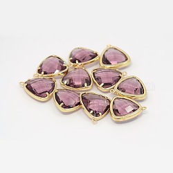 Real 18K Gold Plated Brass Glass Pendants, Faceted Triangle Charms, Plum, 16x15x5mm, Hole: 1mm