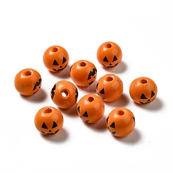 Perles en bois naturel imprimées sur le thème d'halloween, rond avec motif citrouille, orange, 16x14.5mm, Trou: 3.5mm