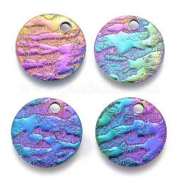 Ion Plating(IP) 304 Stainless Steel Charms, Textured, Laser Cut, Flat Round, Rainbow Color, 10x1mm, Hole: 1.4mm