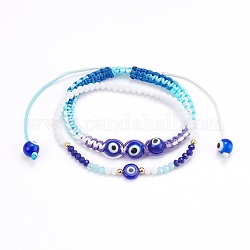 Ensemble de bracelets de perles tressées en cordon de polyester réglable et de bracelets extensibles, avec des perles de verre et des perles au chalumeau mauvais œil, couleur mixte, diamètre intérieur: 2-1/8 pouce (5.5 cm) et 2~2-1/4 pouces (5.2~5.8 cm), 2 pièces / kit