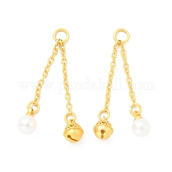 ABS Plastic Imitation Pearl Pendants, with Brass Findings and Jump Rings, Cadmium Free & Lead Free, Bell & Round, Matte Gold Color, 37mm, Hole: 4.2mm