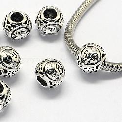Perles européennes en alliage, perles de rondelle avec grand trou , avec constellation / signe du zodiaque, argent antique, Aries, 10.5x9mm, Trou: 4.5mm